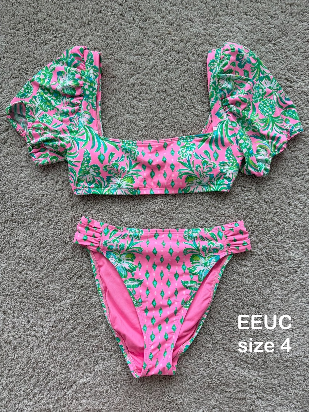 Lilly Pulitzer Pink & Green Floral Puff-Sleeve Bikini Set